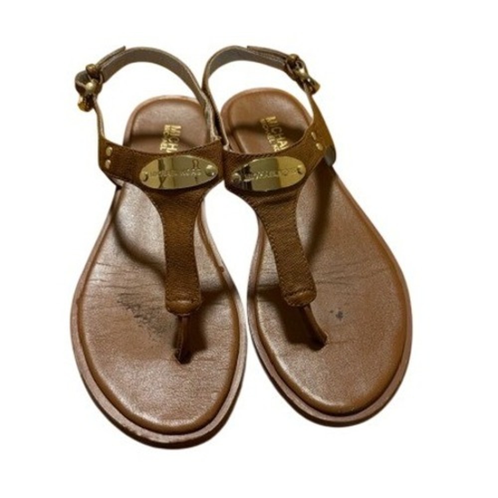 Michael Kors Plate Leather Thong Sandals Brown Gold Logo Hardware Womens 7M
